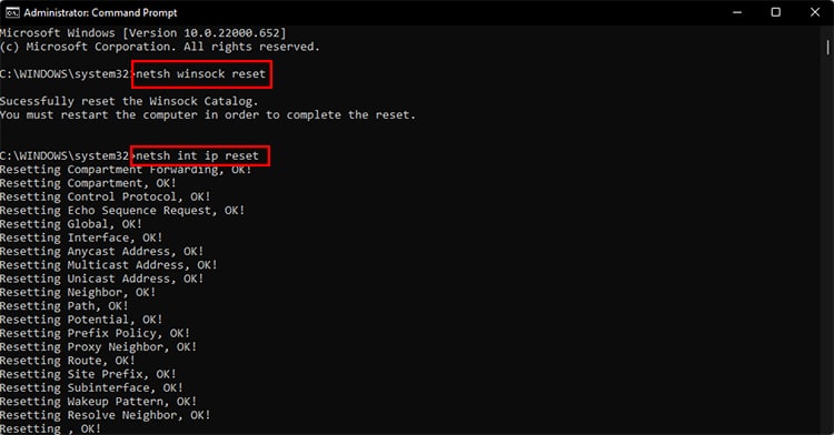 netsh winsock reset and ip reset