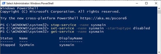 powershell-stop-disable-sysmain