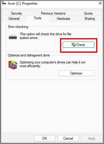 properties section error checking option