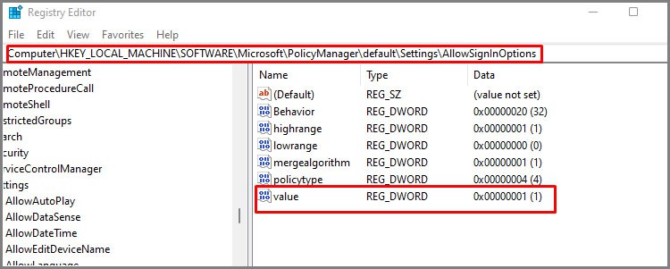 registry editor to grey out pin option in windows settings