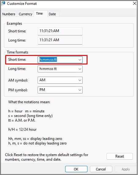 short time format in date and time settings