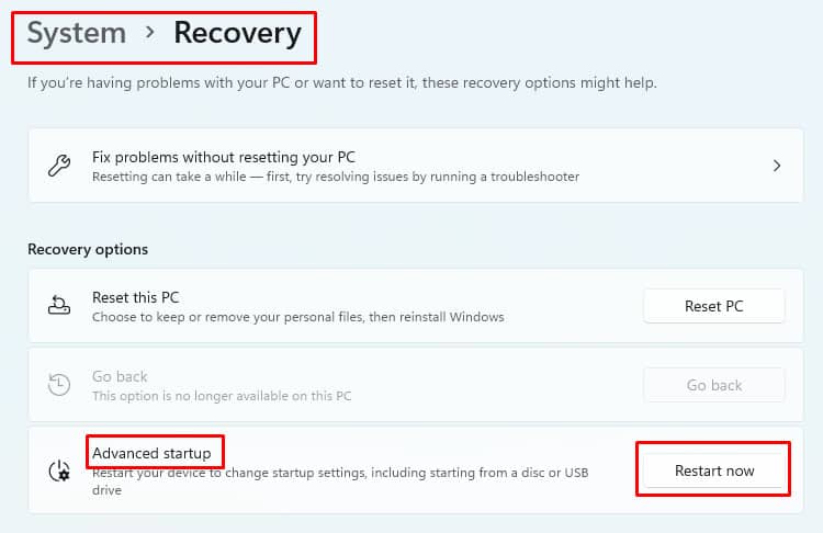 system recovery option from windows settings