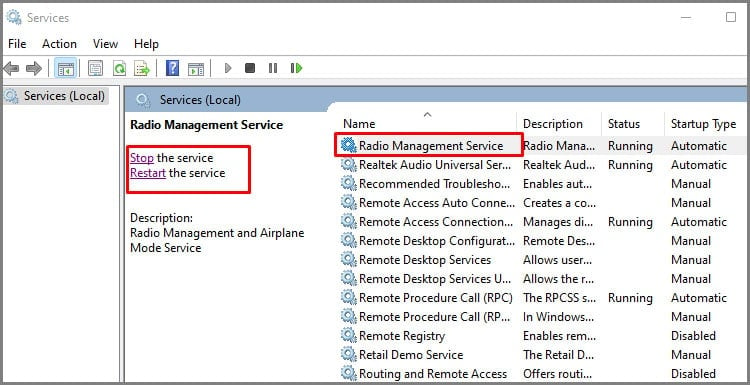 windows service to access radio mangement service