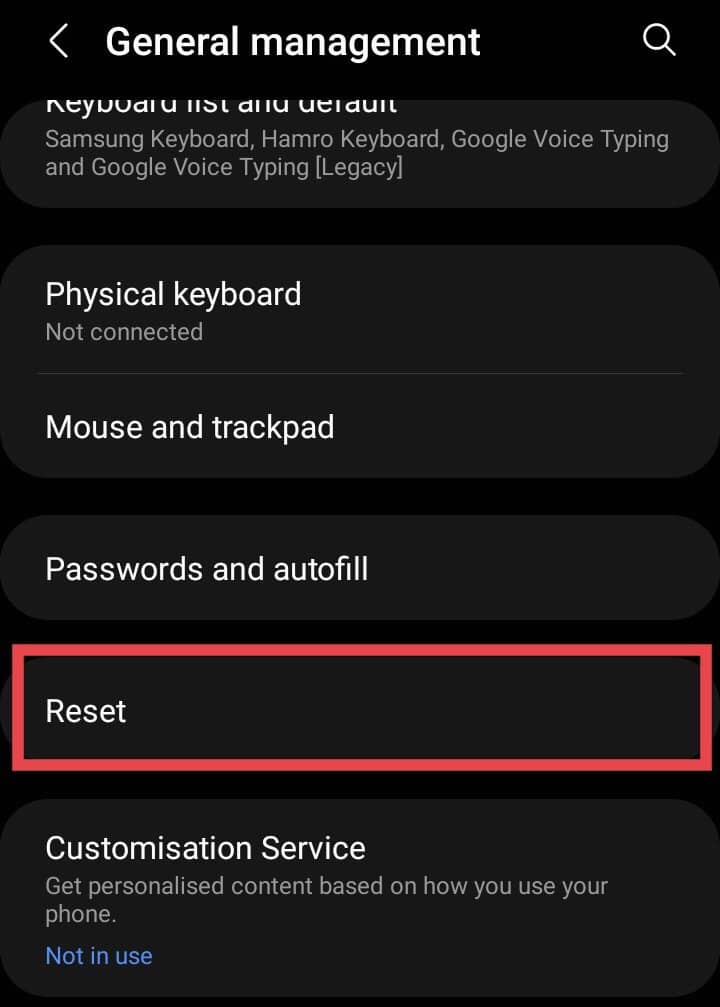 Android Settings General Management Reset