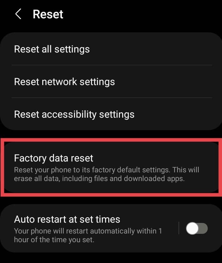 Android Settings Reset Factory data reset