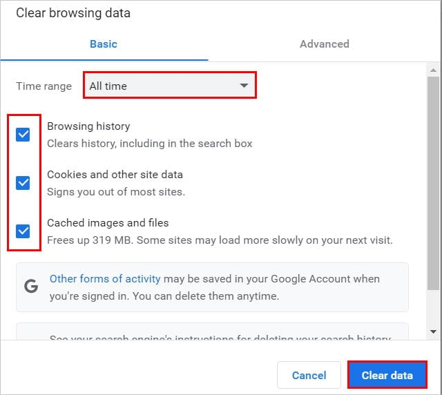 Clear browsing data in Chrome