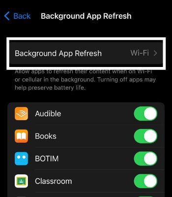 Click on Background App Refresh to enable it. Here you can select between Wi-Fi or Wi-Fi & Cellular Data