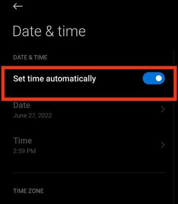 Toggle on the Set time automatically