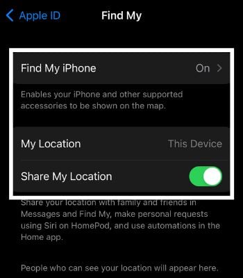 Enable Find My iPhone & Share My Location