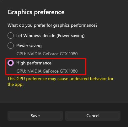 High-performance-graphics-preference
