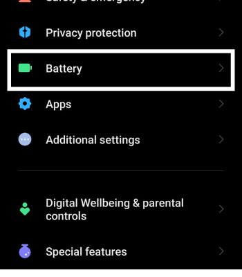 Scroll down and Tap on Battery