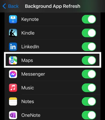 Scroll down and Tap on Maps to turn it on