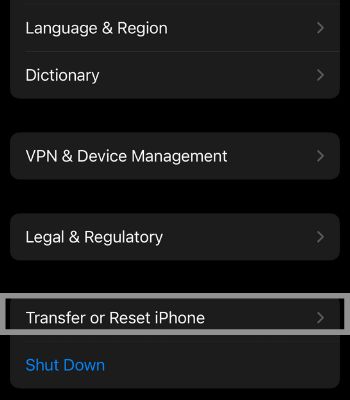 Scroll down and click on Transfer or Reset