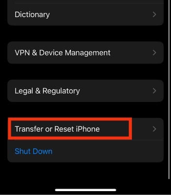 Tap on Transfer or Reset iPhone