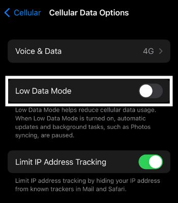 Scroll down and turn off low data mode