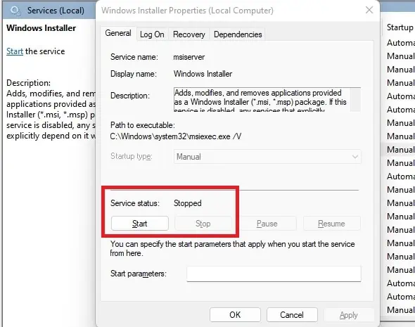 ServicesMSCWindowsInstallerPropertiesServiceStatus