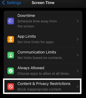 Tap on Content & Privacy Restrictions and disable it