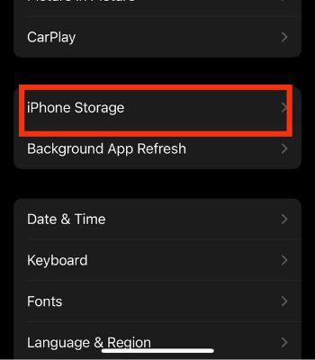 Tap on iPhone Storage