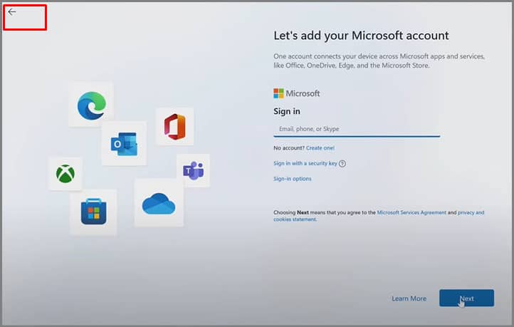back icon to set up windows using local account