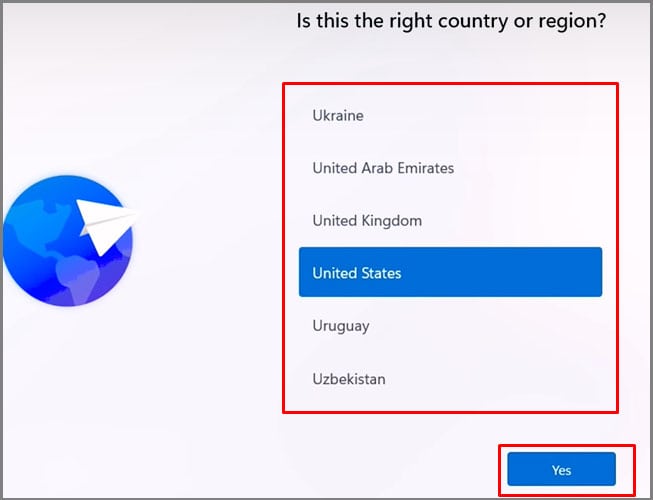 chose country or region during setup
