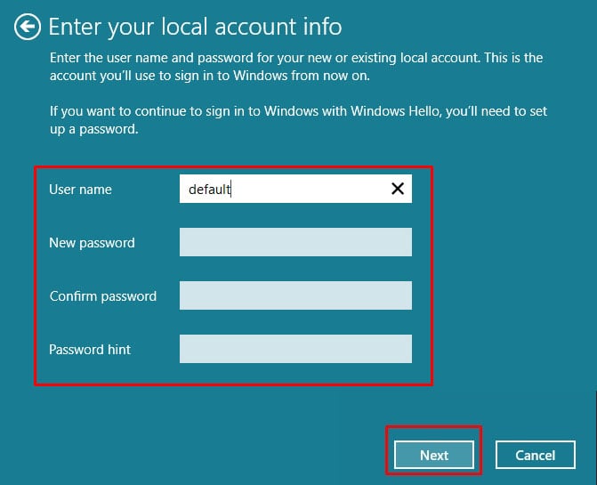 enter new local username and password