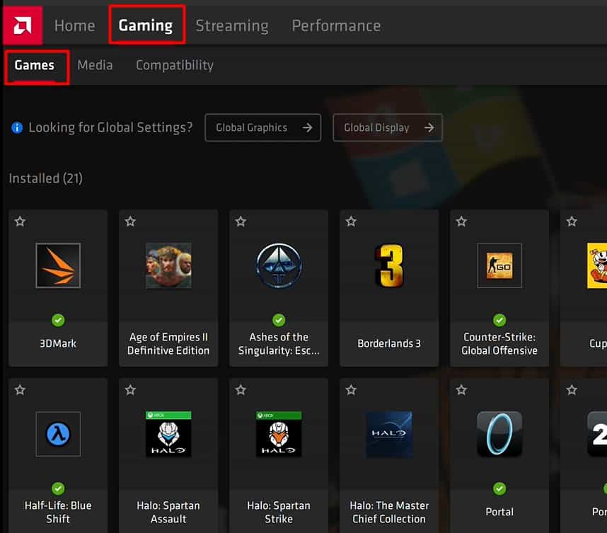 gaming option in amd