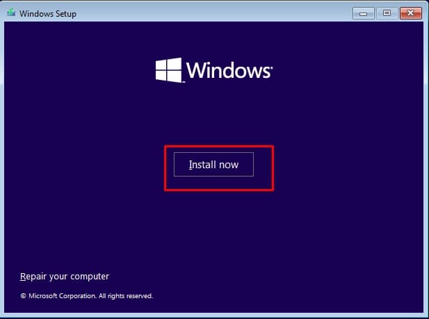 install now option in windows setup