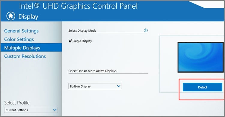intel graphics control panel multiple display detect