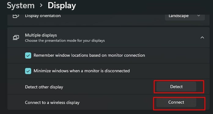 multiple display section to detect monitors
