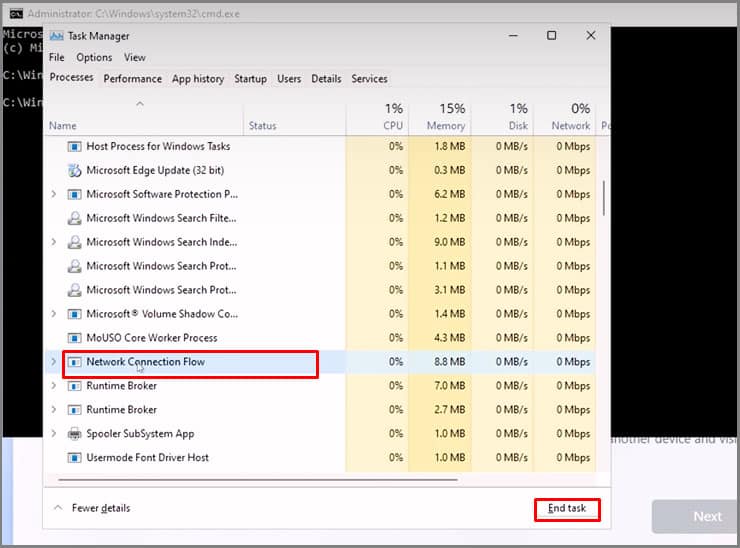 network connection flow end task