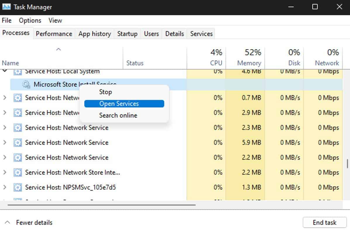 open services from task manager