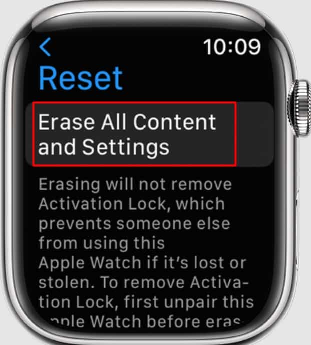 reset content on apple watch