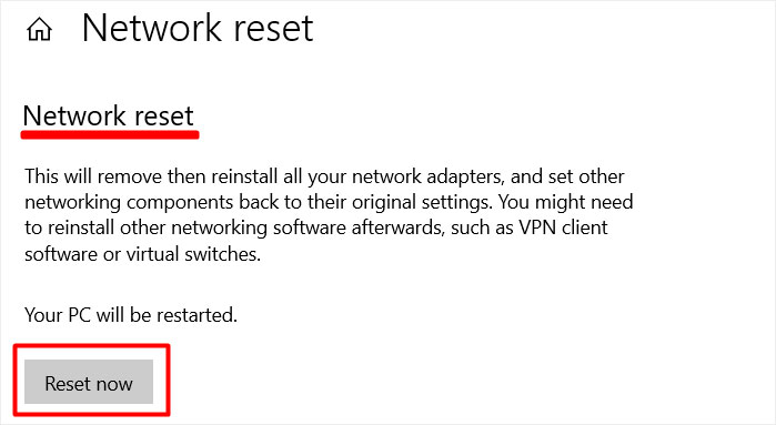 reset network reset now