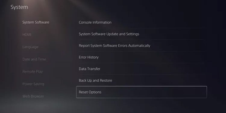 system reset options ps5