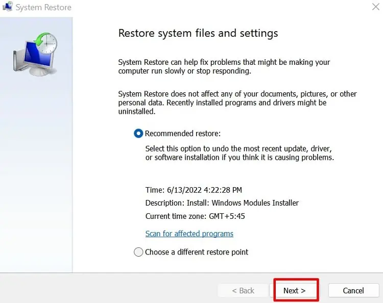 How to Fix SFC Scannow Not Working in Windows 11 19 system-restore-choose-restore-point