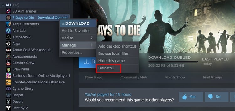 Uninstall a game on Steam