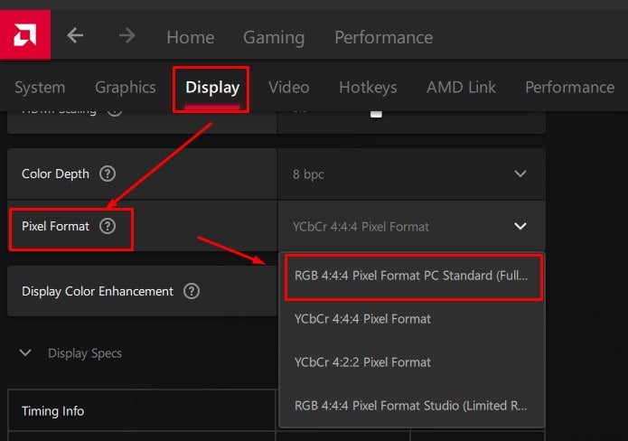 AMD Software Adrenalin Edition Pixel Format RGB Full