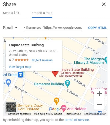 Navigate to Embed a map and click on the drop-down menu to select the size 