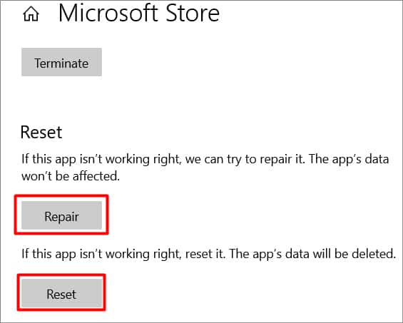 Microsoft store repair and reset