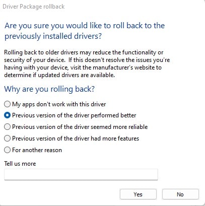 Roll Back driver feedback