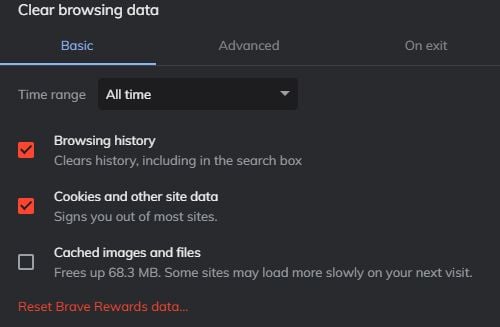 Select the Browsing history, Cookies, and other site data