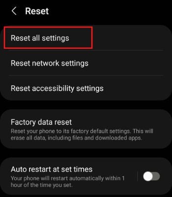 Click on Reset All Settings