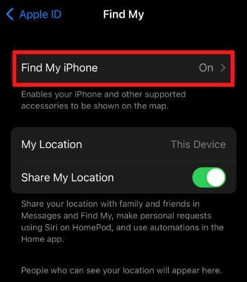 Click on Find My iPhone and toggle it off