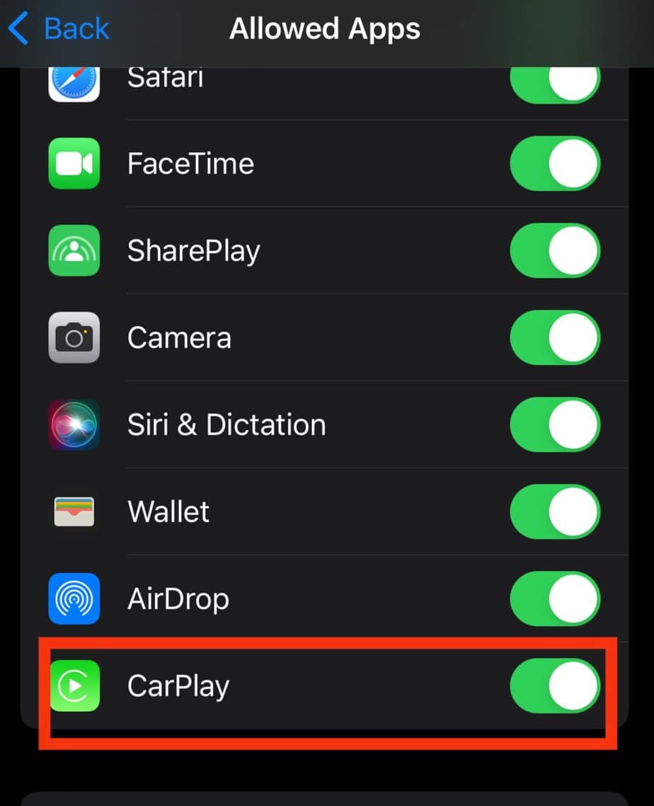 Toggle on the CarPlay if you have disabled it