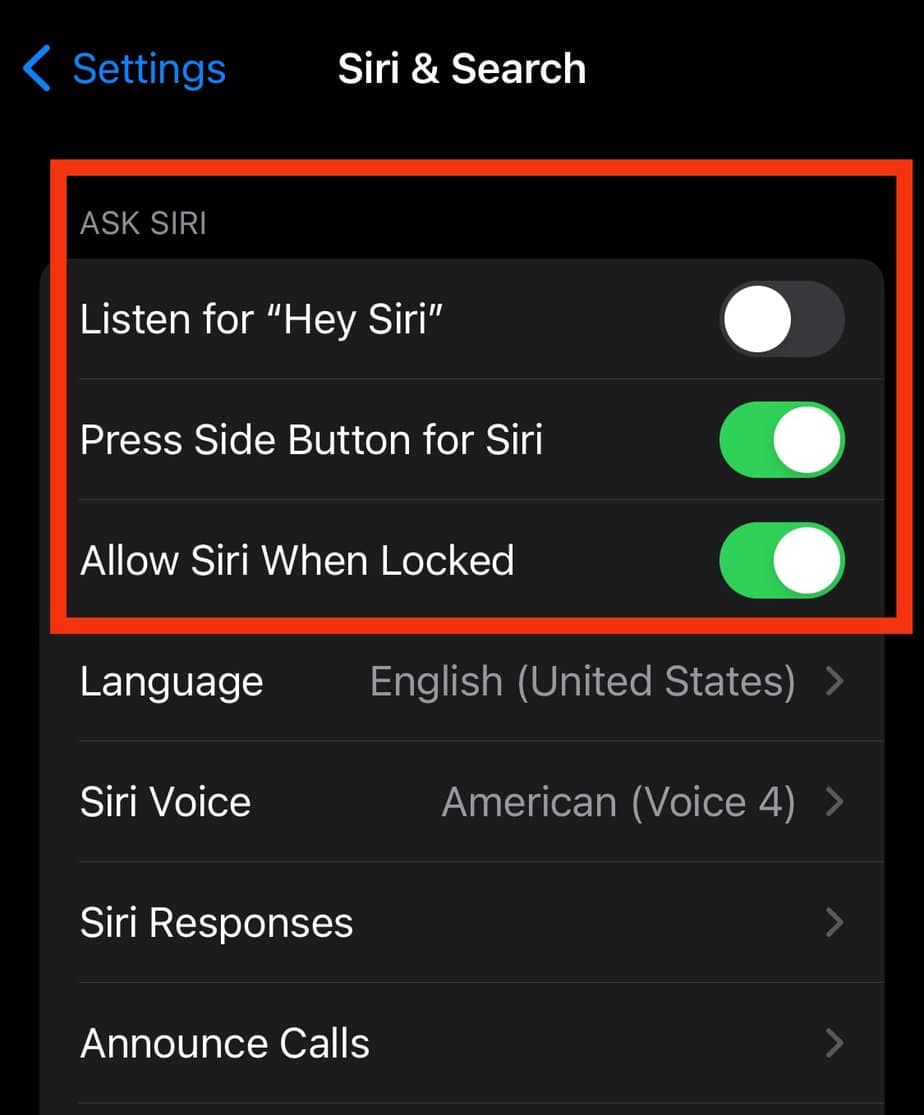 Toggle on the features under Ask Siri.