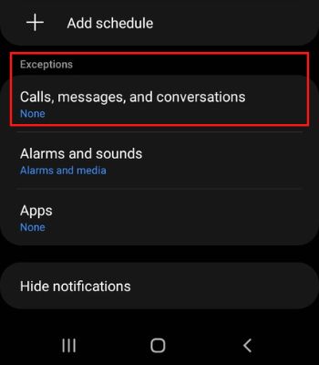 Under the Exceptions heading, Tap on Calls, Messages, and Conversations