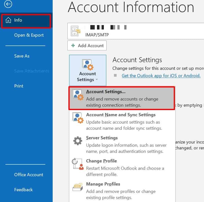 account settings under info