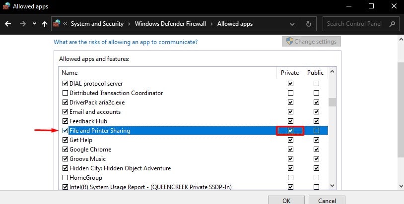 allow file and printer sharing in firewall