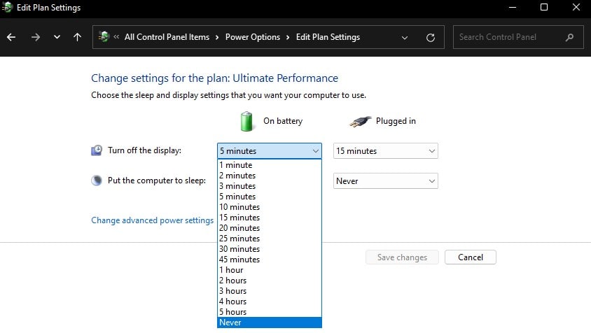 change screen turn off time