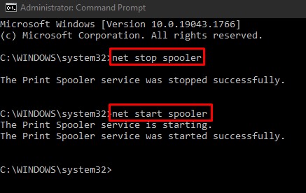 cmd command net start and stop spooler
